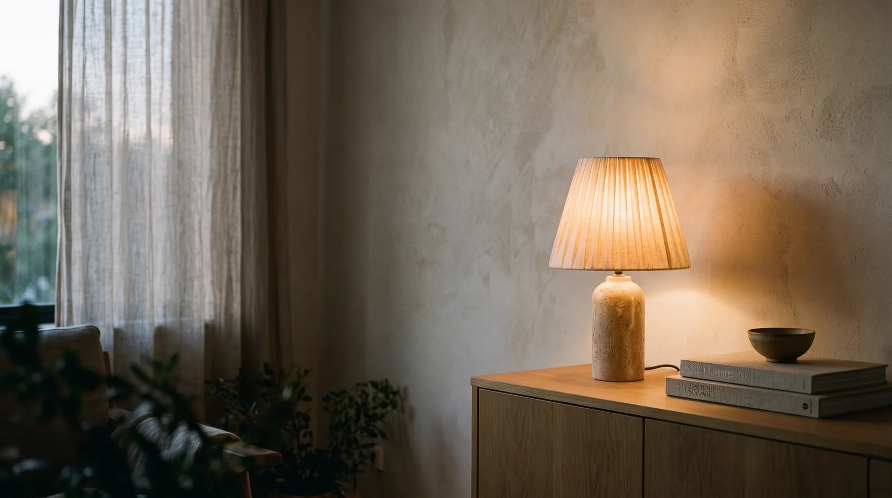 A table lamp with a pleated linen shade glowing on an oak sideboard at dusk.