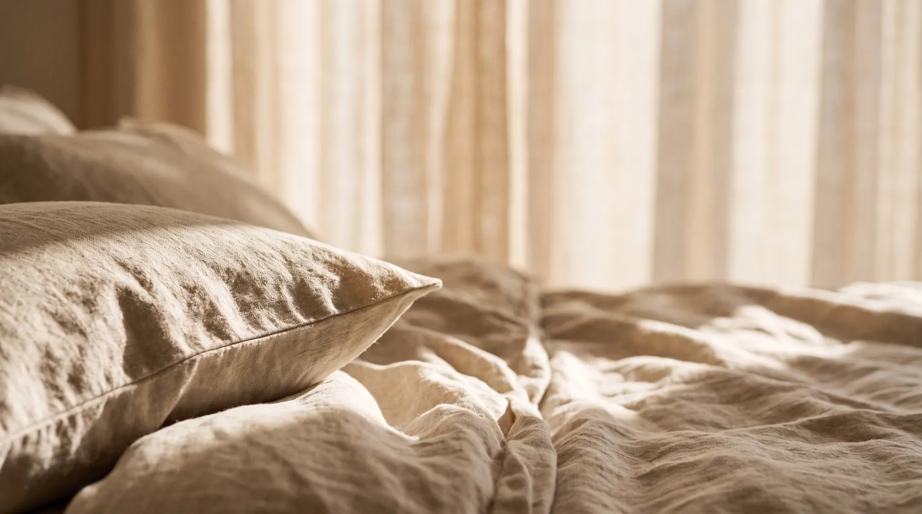 Rumpled natural linen bedding in soft morning sun through a sheer curtain.