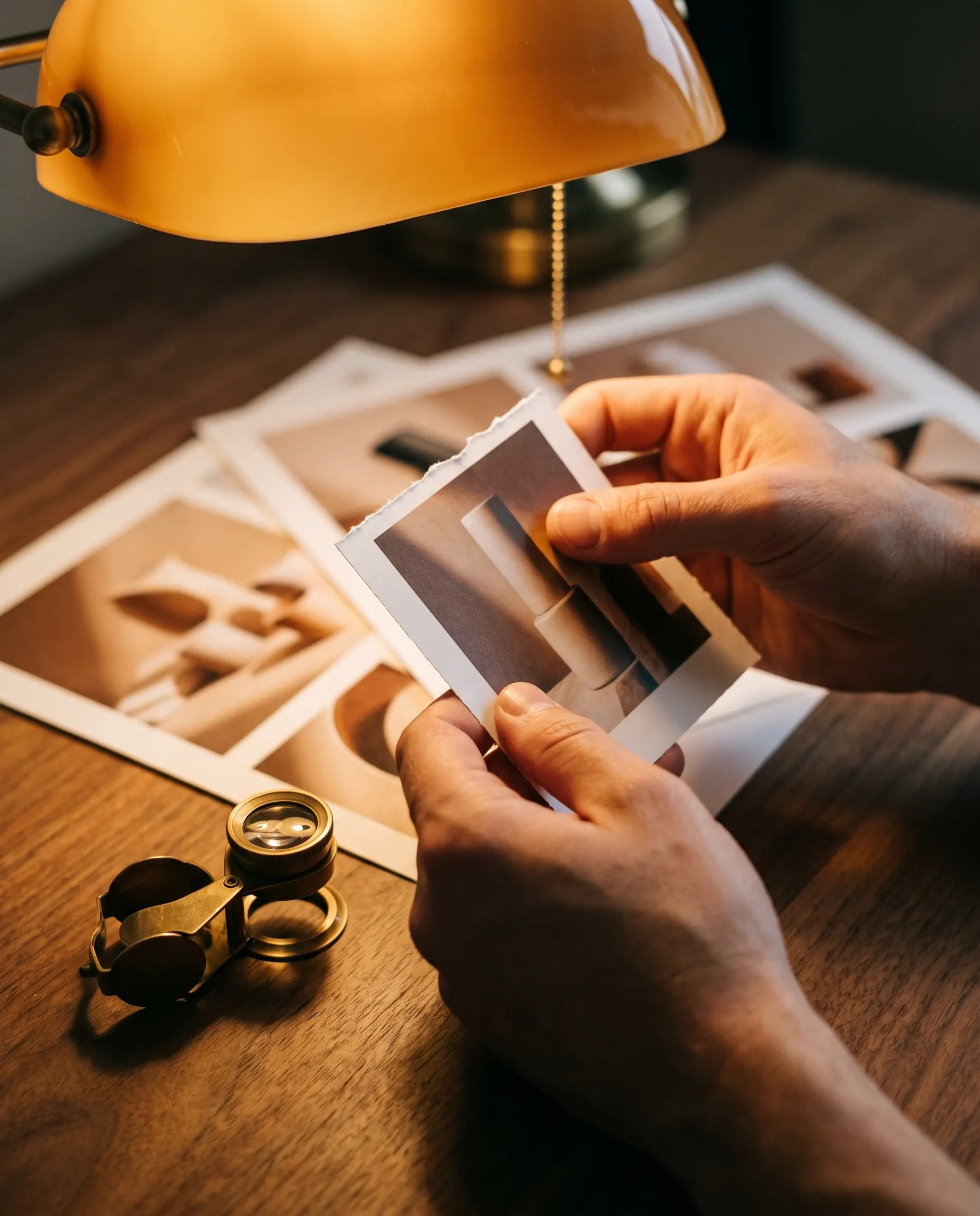 A designer's hands holding a small printed proof under a warm desk lamp, a brass loupe on the walnut desk.