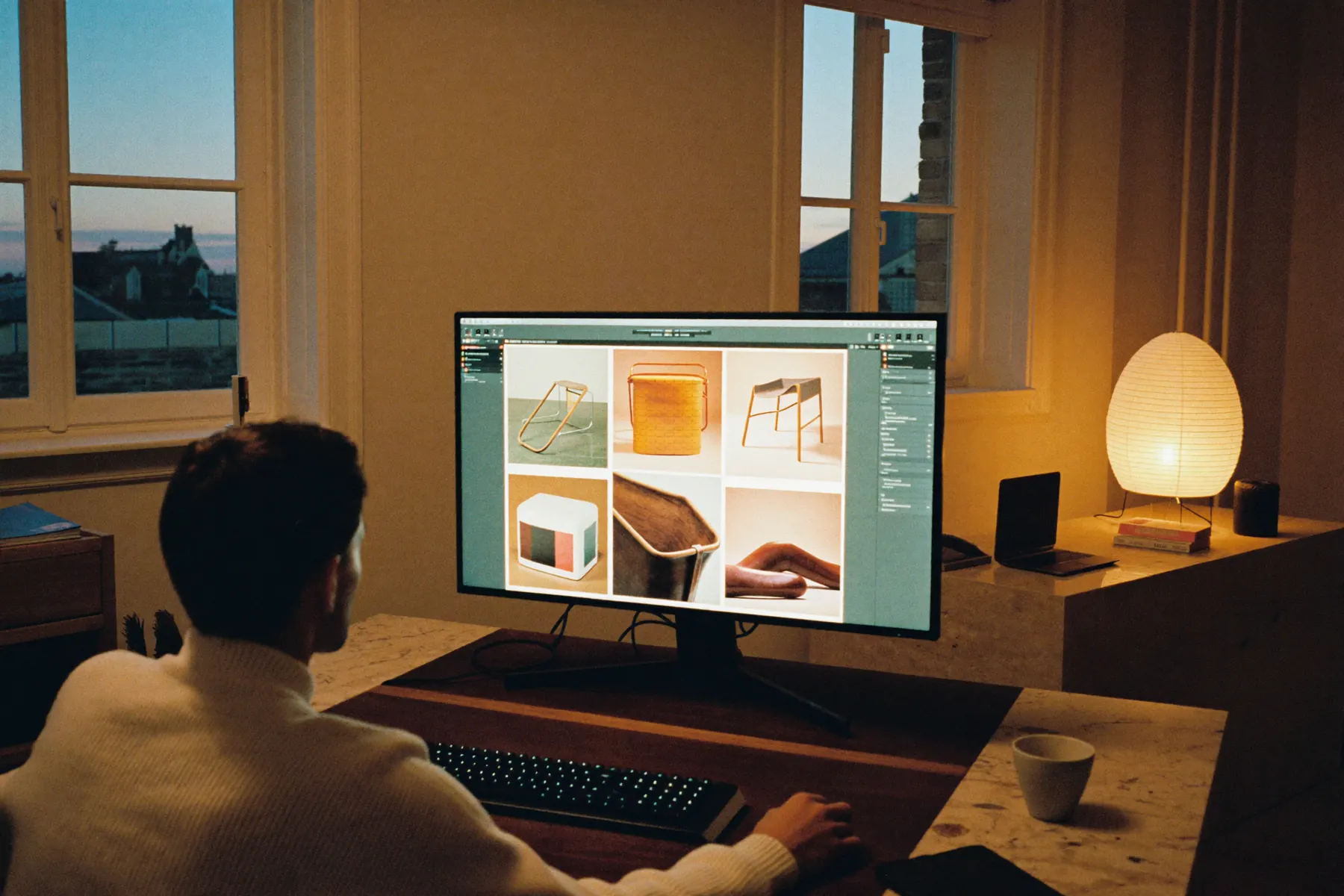 A designer seen from behind at a large monitor reviewing a grid of warm product photographs at dusk.
