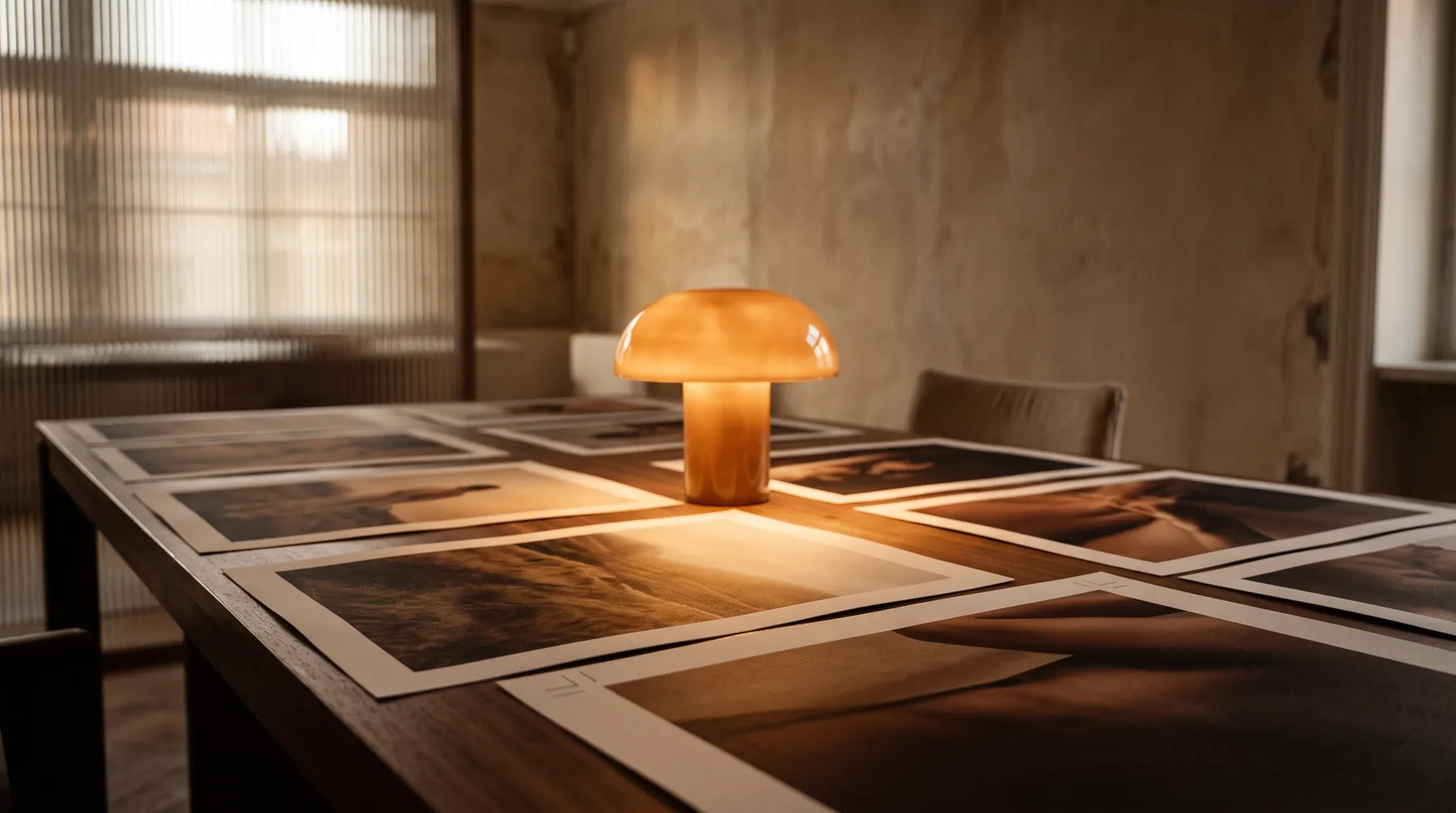 A long walnut table with printed campaign photographs in a grid under a glowing mushroom lamp at dusk.