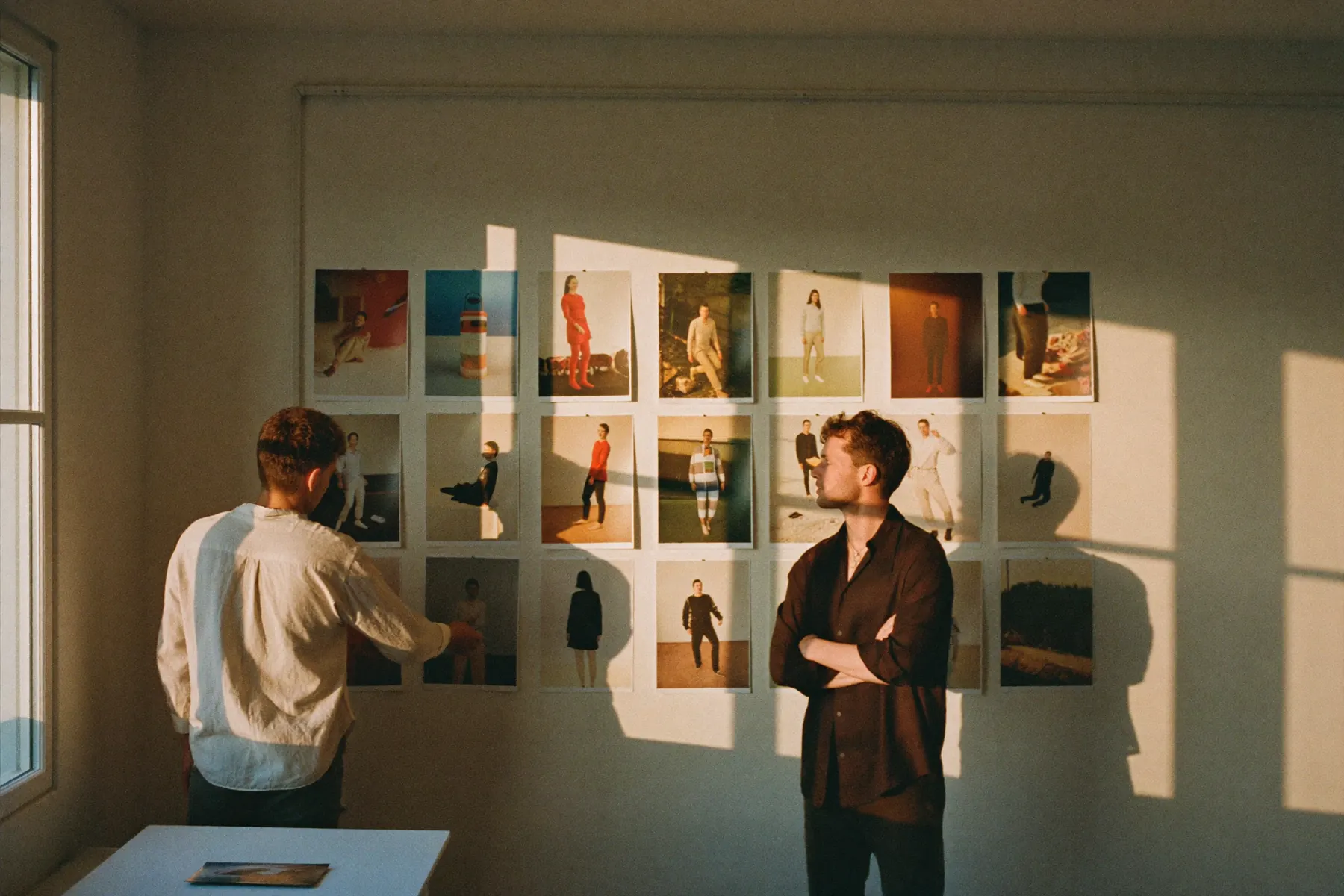 Two designers at a sunlit plaster wall pinned with printed campaign photographs.