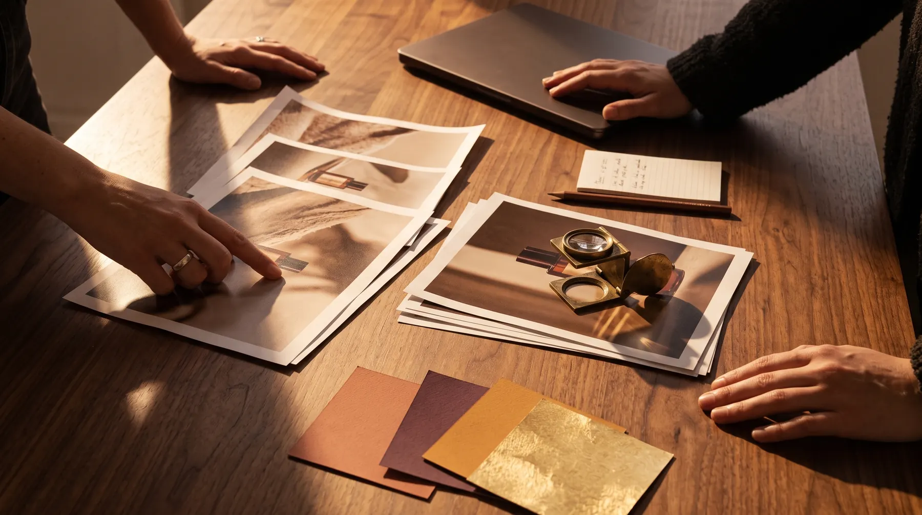 Hands around a walnut table covered with printed campaign photographs, swatches, a pencil and a loupe.