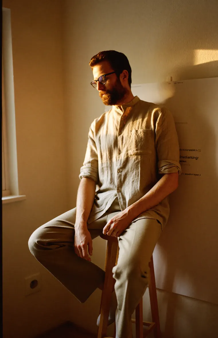 A designer on a wooden stool beside a large printed proof, looking at it thoughtfully.